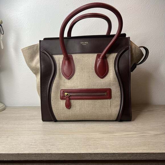 Celine Handbags - Authentic CELINE Oatmeal Brown burgundy canvas & leather MINI LUGGAGE Tote Bag